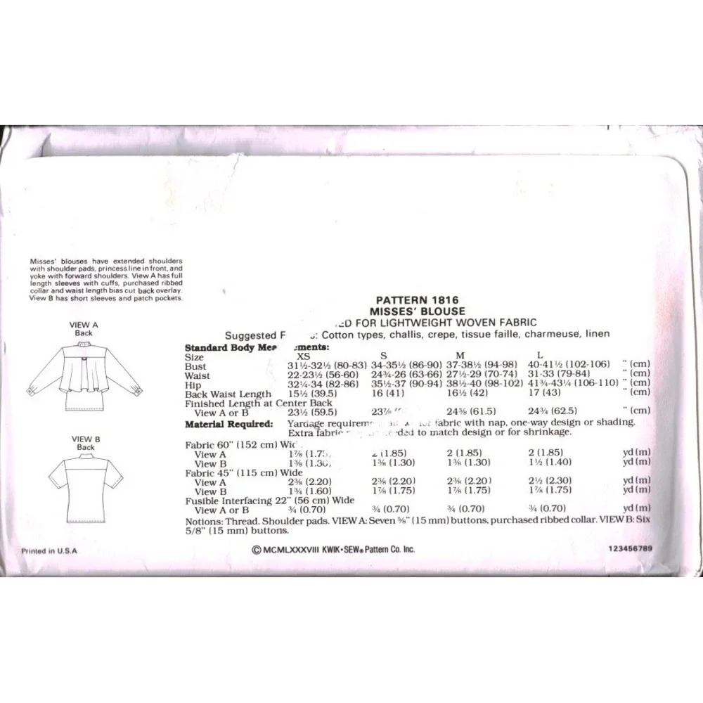 Kwik Sew 1816 Vintage 80s Blouse Sewing Pattern Kerstin Martensson XS-S Cut